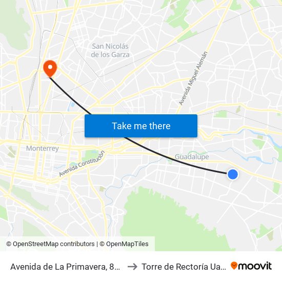 Avenida de La Primavera, 801 to Torre de Rectoría Uanl map