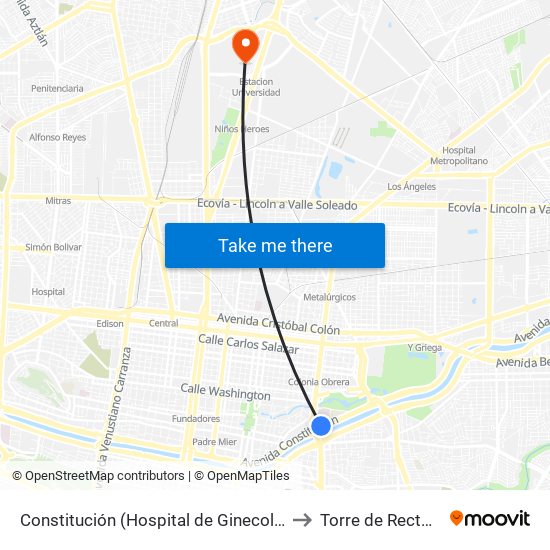 Constitución (Hospital de Ginecología Del Imss) to Torre de Rectoría Uanl map