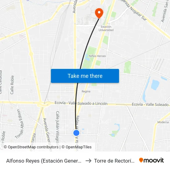 Alfonso Reyes (Estación General Anaya) to Torre de Rectoría Uanl map