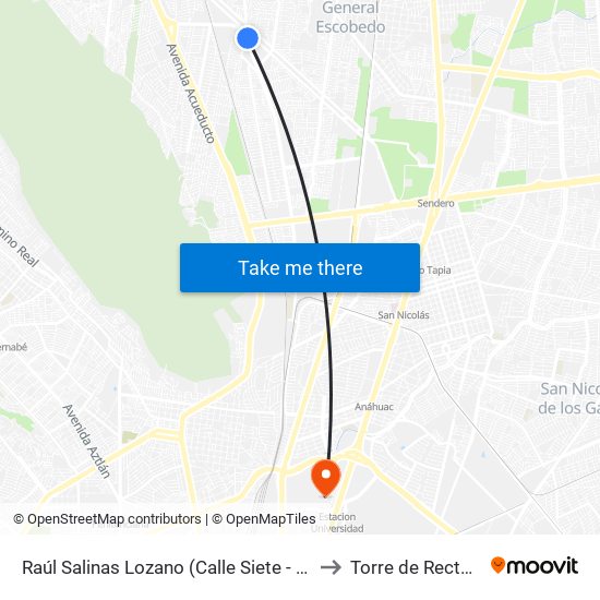Raúl Salinas Lozano (Calle Siete - Raúl Caballero) to Torre de Rectoría Uanl map