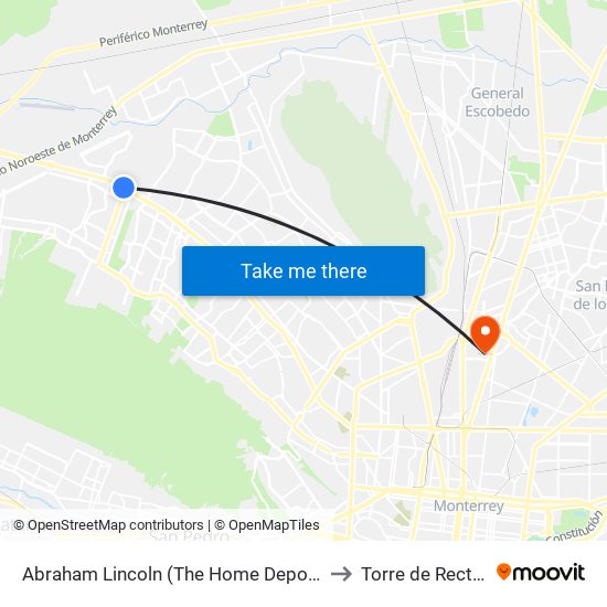 Abraham Lincoln (The Home Depot Cumbres Oeste) to Torre de Rectoría Uanl map