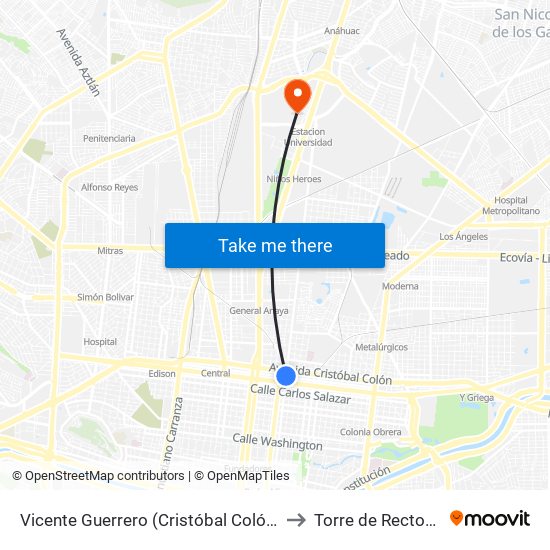 Vicente Guerrero (Cristóbal Colón - Reforma) to Torre de Rectoría Uanl map