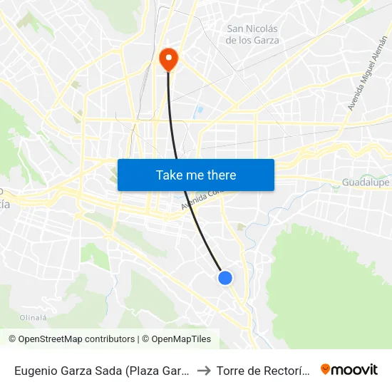 Eugenio Garza Sada (Plaza Garza Sada) to Torre de Rectoría Uanl map