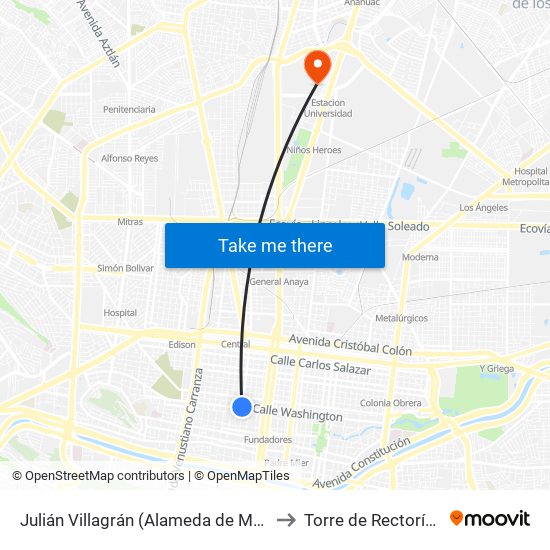 Julián Villagrán (Alameda de Monterrey) to Torre de Rectoría Uanl map