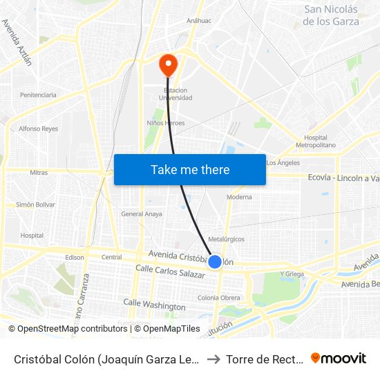 Cristóbal Colón (Joaquín Garza Leal - Héroes Del 47) to Torre de Rectoría Uanl map