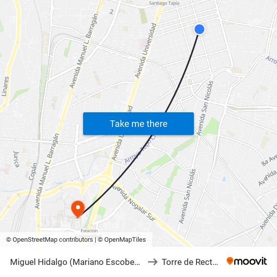 Miguel Hidalgo (Mariano Escobedo - Padre Mier) to Torre de Rectoría Uanl map