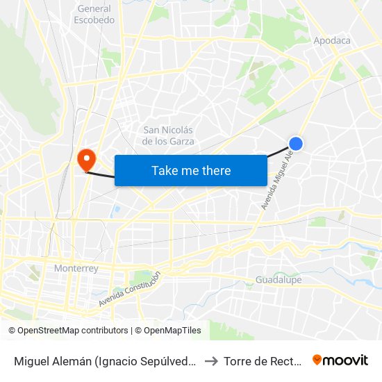 Miguel Alemán (Ignacio Sepúlveda - Encarnación) to Torre de Rectoría Uanl map