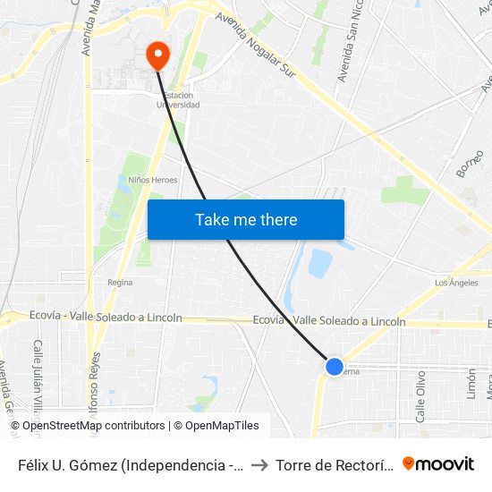 Félix U. Gómez (Independencia - Libertad) to Torre de Rectoría Uanl map