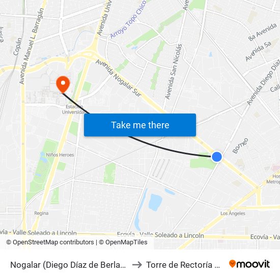 Nogalar (Diego Díaz de Berlanga) to Torre de Rectoría Uanl map