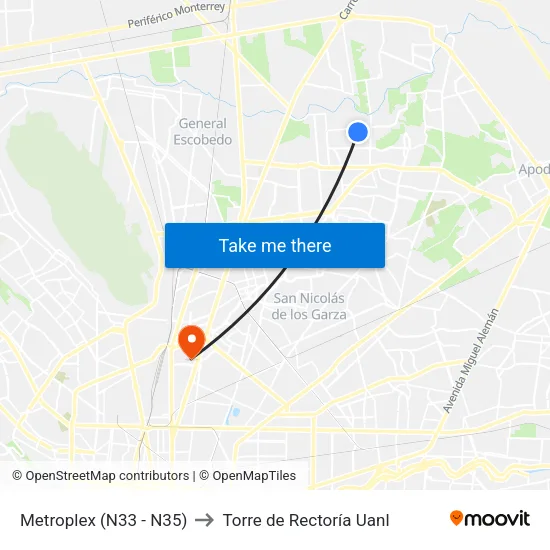 Metroplex (N33 - N35) to Torre de Rectoría Uanl map