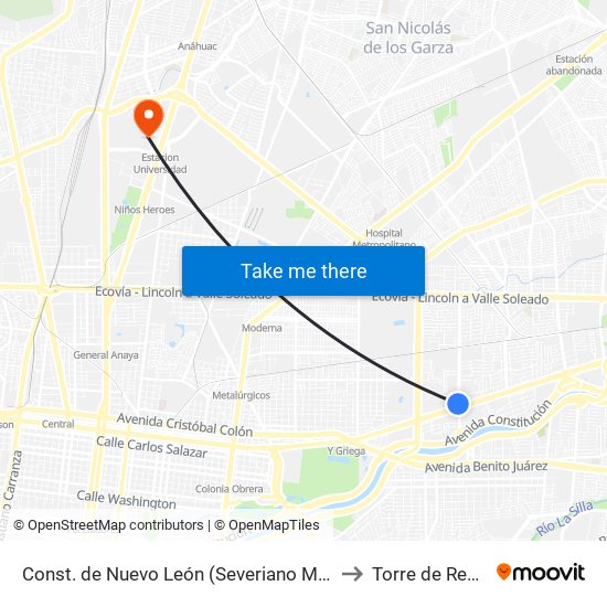 Const. de Nuevo León (Severiano Martínez - Miguel Alemán) to Torre de Rectoría Uanl map