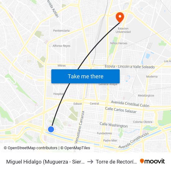 Miguel Hidalgo (Muguerza - Sierra Madre) to Torre de Rectoría Uanl map