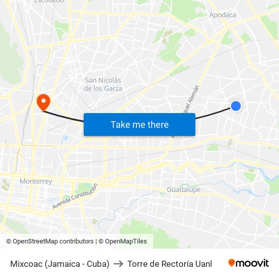 Mixcoac (Jamaica - Cuba) to Torre de Rectoría Uanl map