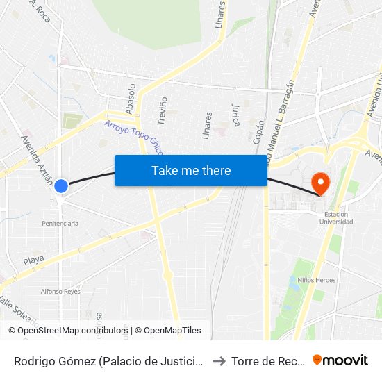 Rodrigo Gómez (Palacio de Justicia - Rosendo Márquez) to Torre de Rectoría Uanl map