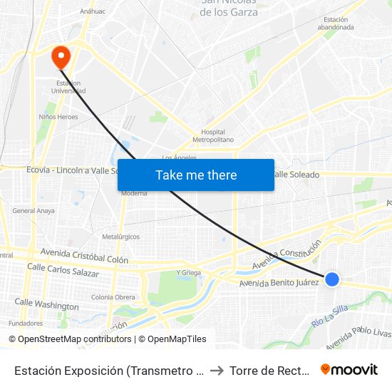 Estación Exposición (Transmetro Valle Del Roble) to Torre de Rectoría Uanl map