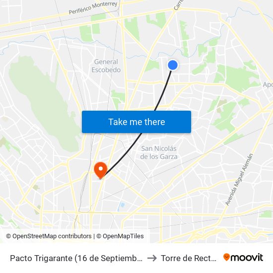 Pacto Trigarante (16 de Septiembre - Insurgentes) to Torre de Rectoría Uanl map