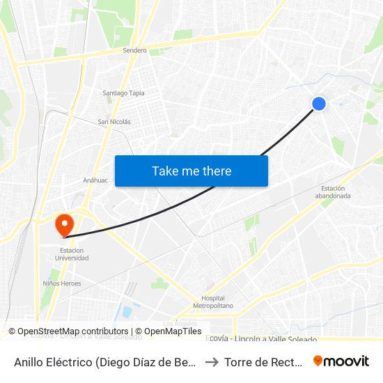 Anillo Eléctrico (Diego Díaz de Berlanga - Aceros) to Torre de Rectoría Uanl map