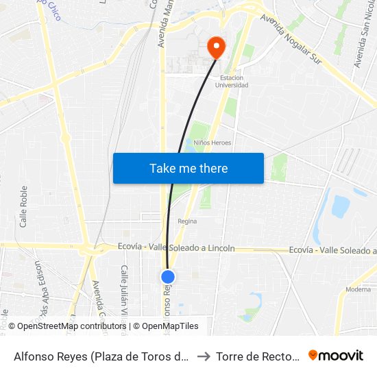Alfonso Reyes (Plaza de Toros de Monterrey) to Torre de Rectoría Uanl map
