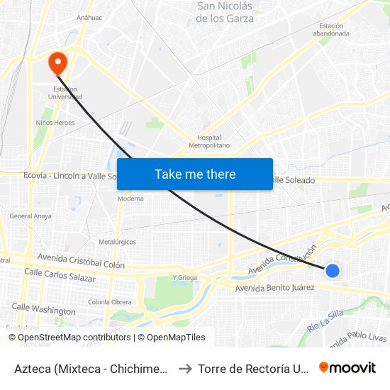 Azteca (Mixteca - Chichimeca) to Torre de Rectoría Uanl map