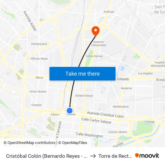 Cristóbal Colón (Bernardo Reyes - Ignacio L. Vallarta) to Torre de Rectoría Uanl map