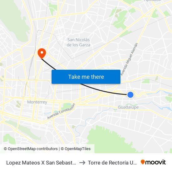 Lopez Mateos X San Sebastián to Torre de Rectoría Uanl map
