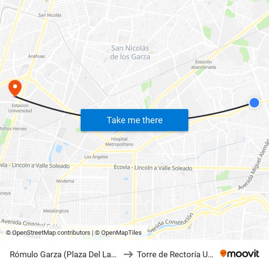 Rómulo Garza (Plaza Del Lago) to Torre de Rectoría Uanl map