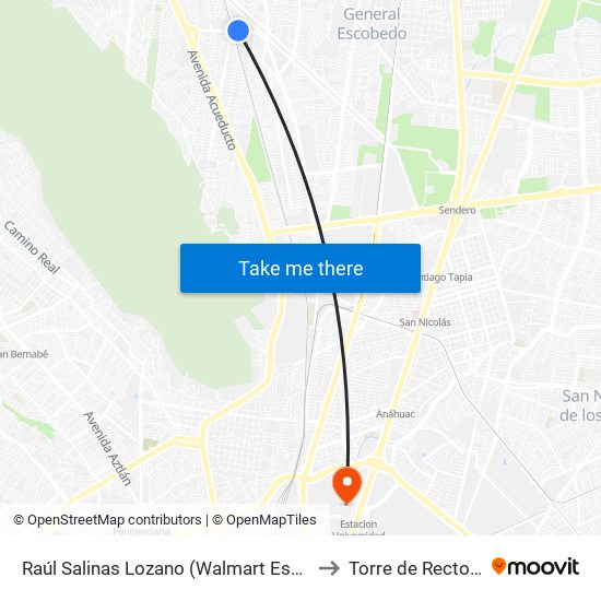 Raúl Salinas Lozano (Walmart Escobedo Norte) to Torre de Rectoría Uanl map