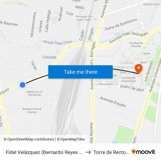 Fidel Velázquez (Bernardo Reyes - Luis Moreno) to Torre de Rectoría Uanl map