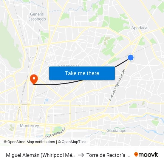 Miguel Alemán (Whirlpool México) to Torre de Rectoría Uanl map