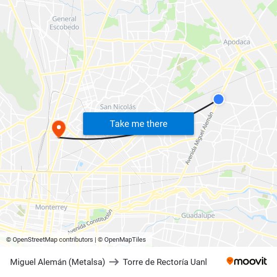 Miguel Alemán (Metalsa) to Torre de Rectoría Uanl map
