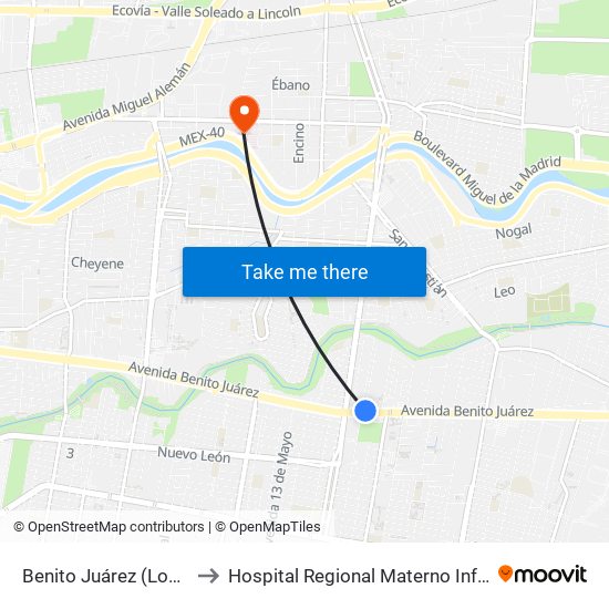 Benito Juárez (Los Pinos - Álamos) to Hospital Regional Materno Infantil de Alta Especialidad map