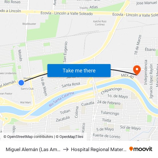 Miguel Alemán (Las Américas - Bonifacio Salinas Leal) to Hospital Regional Materno Infantil de Alta Especialidad map