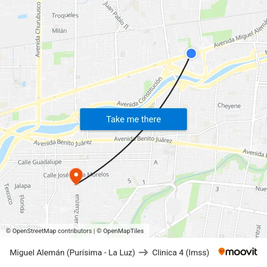Miguel Alemán (Purísima - La Luz) to Clinica 4 (Imss) map