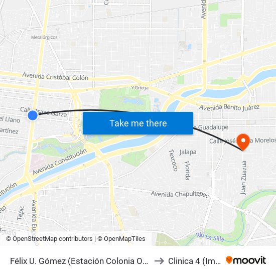 Félix U. Gómez (Estación Colonia Obrera) to Clinica 4 (Imss) map