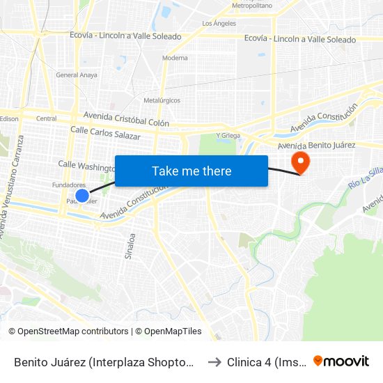Benito Juárez (Interplaza Shoptown) to Clinica 4 (Imss) map