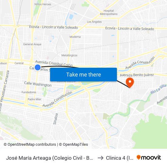 José María Arteaga (Colegio Civil - Benito Juárez) to Clinica 4 (Imss) map