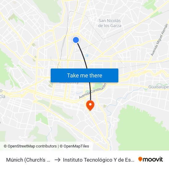 Múnich (Church's Chicken Universidad) to Instituto Tecnológico Y de Estudios Superiores de Monterrey map