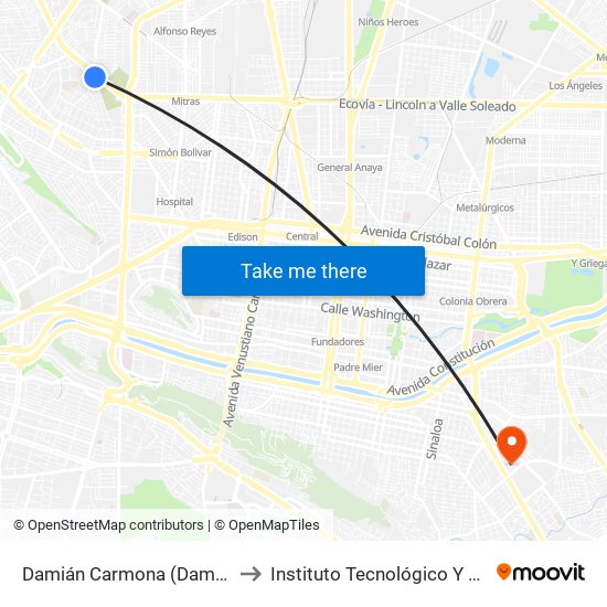 Damián Carmona (Damián Carmona - Adolfo Ruíz Cortines) to Instituto Tecnológico Y de Estudios Superiores de Monterrey map
