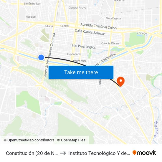 Constitución (20 de Noviembre - Santos Degollado) to Instituto Tecnológico Y de Estudios Superiores de Monterrey map