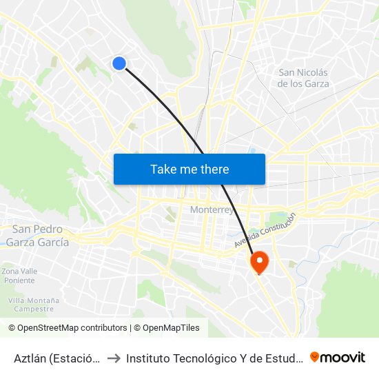 Aztlán (Estación San Bernabé) to Instituto Tecnológico Y de Estudios Superiores de Monterrey map