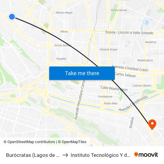 Burócratas (Lagos de Moreno - Paseo de La Montaña) to Instituto Tecnológico Y de Estudios Superiores de Monterrey map