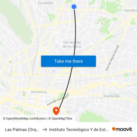 Las Palmas (Orquídea - Alcatraces) to Instituto Tecnológico Y de Estudios Superiores de Monterrey map