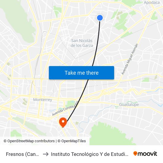 Fresnos (Canelo - Ébanos) to Instituto Tecnológico Y de Estudios Superiores de Monterrey map