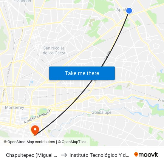 Chapultepec (Miguel Hidalgo - Mariano Matamoros) to Instituto Tecnológico Y de Estudios Superiores de Monterrey map