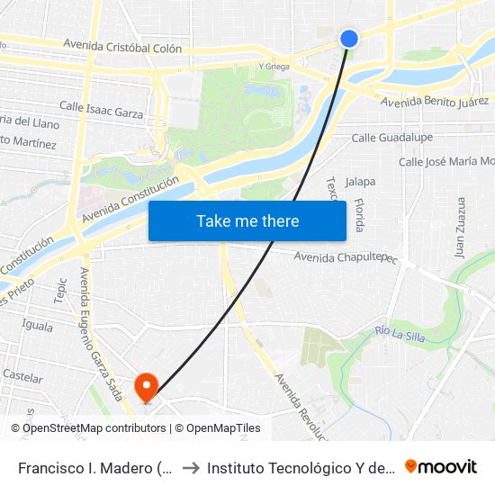 Francisco I. Madero (Churubusco - Santa Catarina) to Instituto Tecnológico Y de Estudios Superiores de Monterrey map
