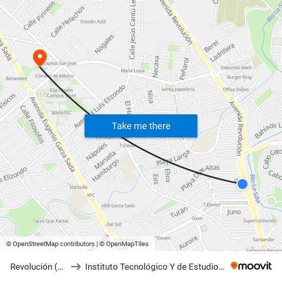 Revolución (Alfa - Tucán) to Instituto Tecnológico Y de Estudios Superiores de Monterrey map