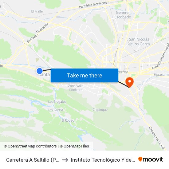 Carretera A Saltillo (Plaza Sendero Santa Catarina) to Instituto Tecnológico Y de Estudios Superiores de Monterrey map