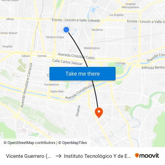 Vicente Guerrero (Céntrica - La Chimenea) to Instituto Tecnológico Y de Estudios Superiores de Monterrey map