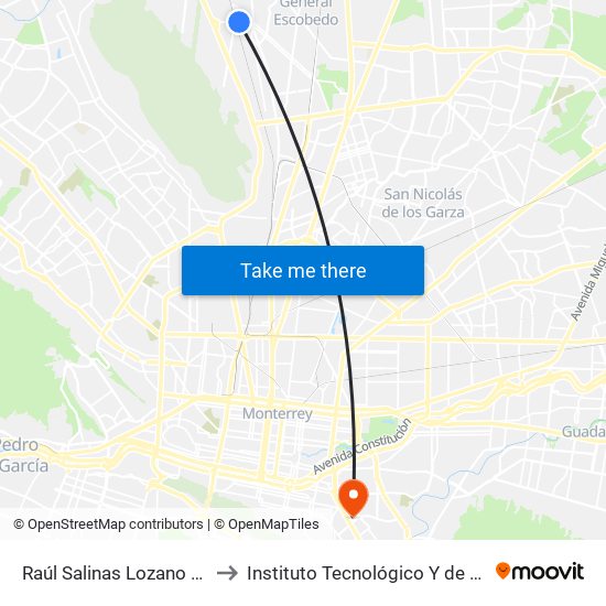 Raúl Salinas Lozano (Walmart Escobedo Norte) to Instituto Tecnológico Y de Estudios Superiores de Monterrey map