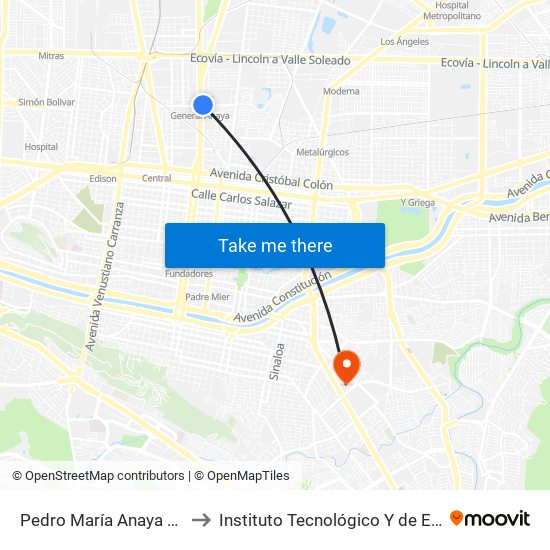 Pedro María Anaya (Estación General Anaya) to Instituto Tecnológico Y de Estudios Superiores de Monterrey map